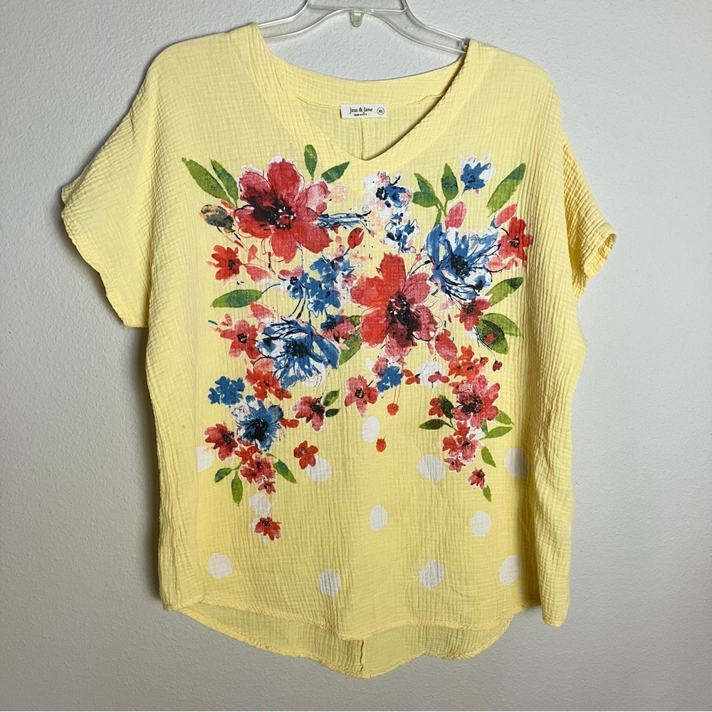 JESS & JANE Cotton Gauze Top XL Short Sleeve Floral Lagenlook Boho Spring Boho - Picture 9 of 10